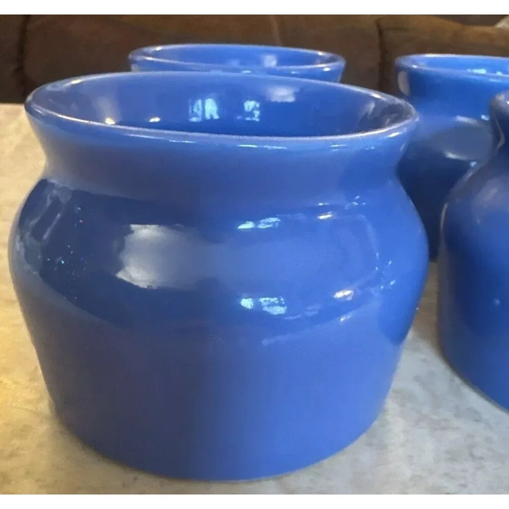 Vintage Oxford Ware Set of 4 Mini Beanpots + 1 Bowl , 3 1/4” Diameter. Blue USA